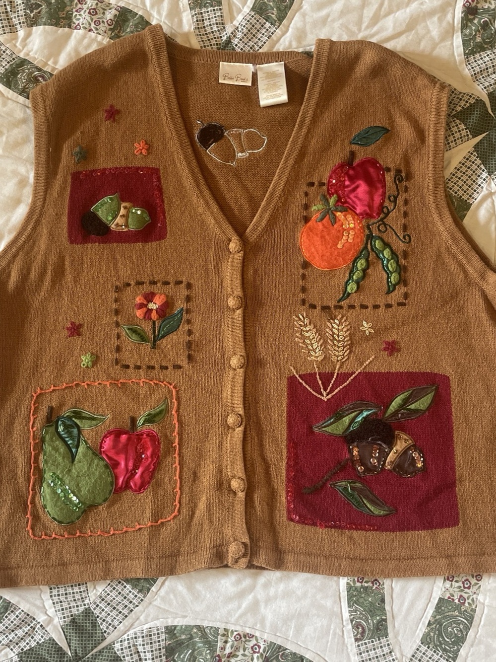 Vintage 90s Bobbie Brooks Brown Sweater Vest Embroidered Sequins Fall Leaves 26W